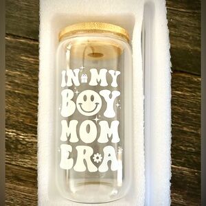 In my boy mom Era Glass Tumbler with Bamboo Lid and White Print